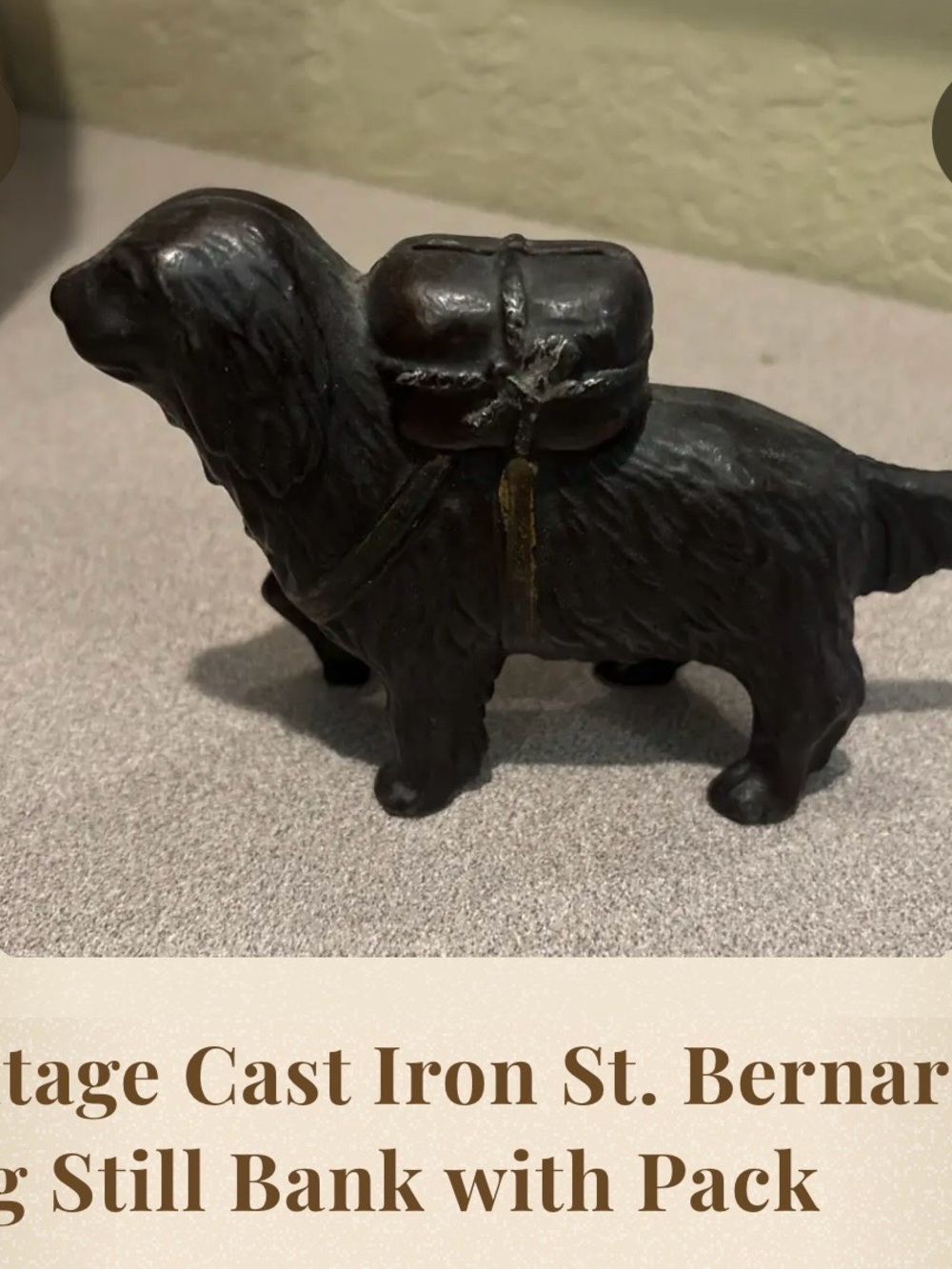 Cast Iron St. Bernard Dog Still Bank - Dark Brown